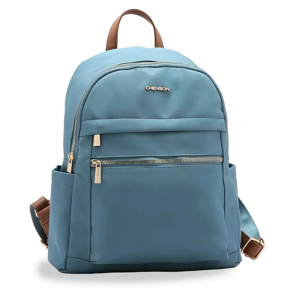 Mochila feminina Chenson azul em microfibra com detalhes em couro sintético marrom nas alças, vista frontal com bolso e logo da marca